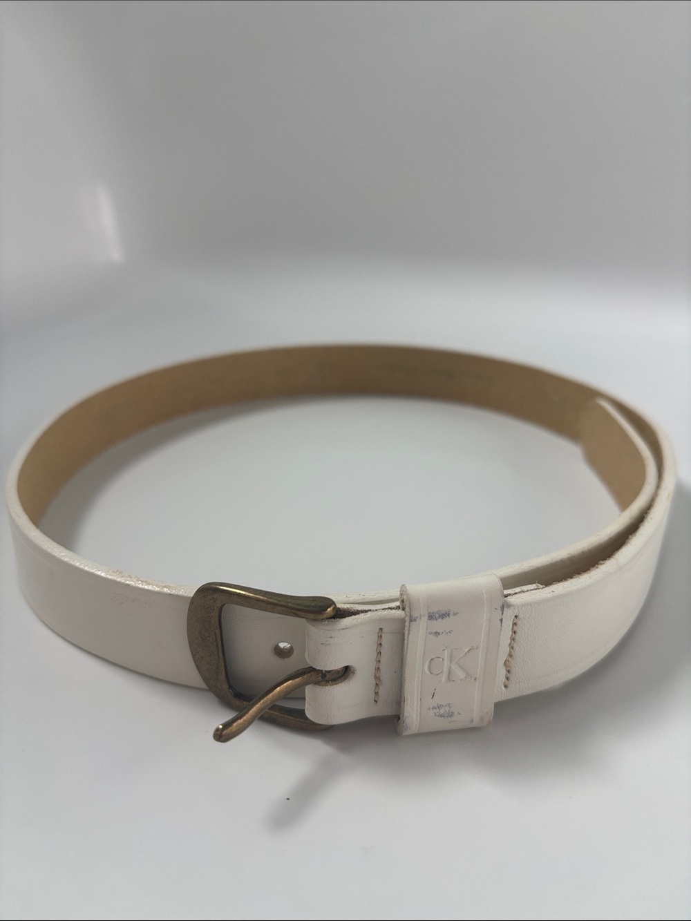 Calvin Klein Cream Leather Women's Belt with Brass-Tone Buckle